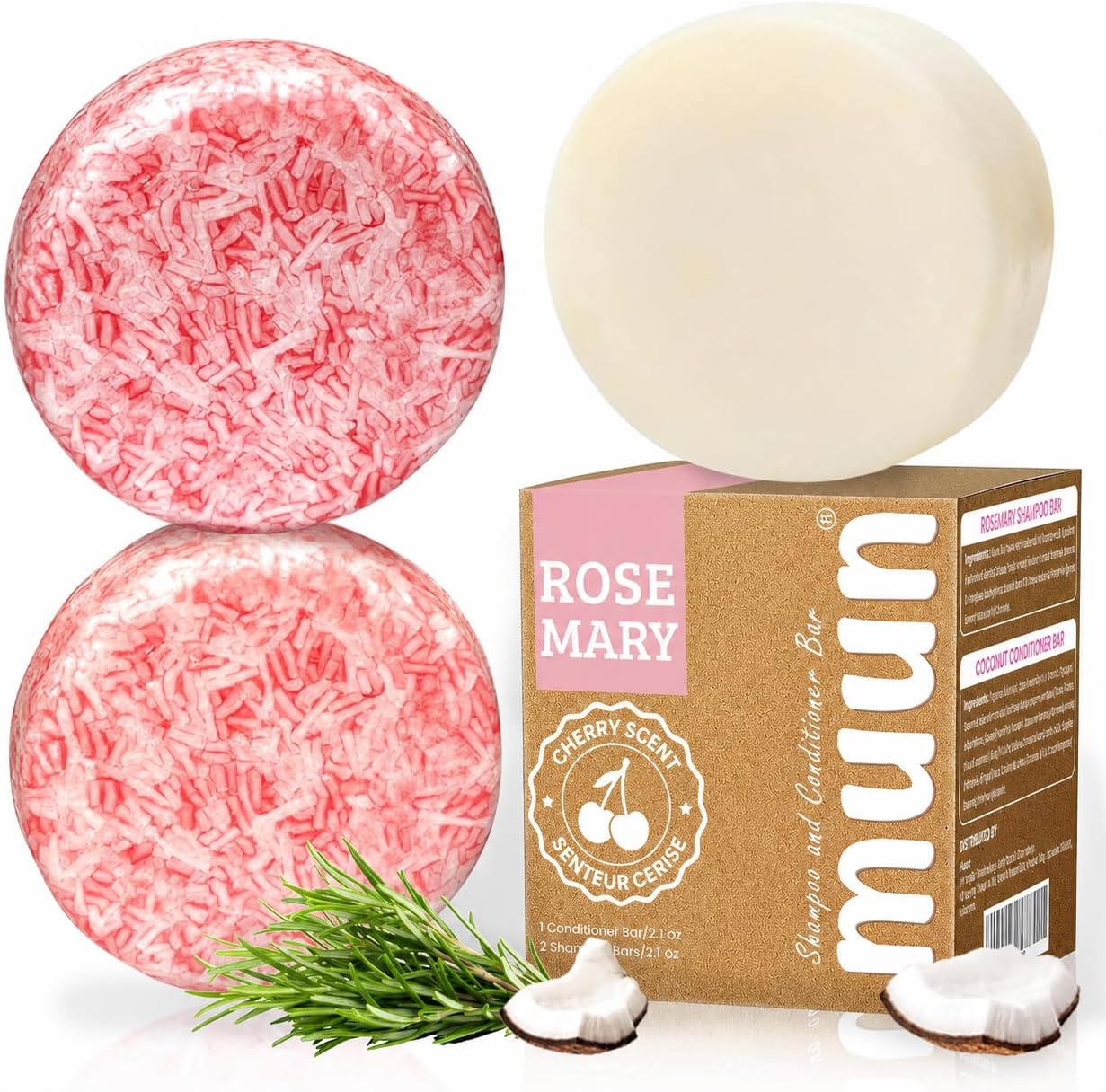 Muun Rosemary Shampoo and Conditioner Bar Set 3 - Natural Solid Hair Growth Soap Bars for Women with Straight, Curly or Thinning Hair for Anti-Hair Loss, Regrowth, pH Balanced, Sulfate & Silicone Free