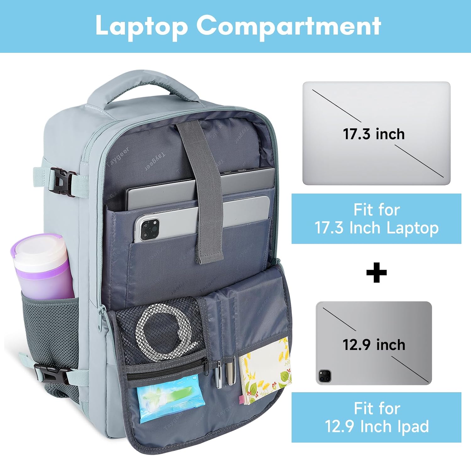 Taygeer Carry On Backpack, 40l Travel Backpack for Women Airline Approved | Cute Underseat Personal Item Travel Bag With Shoe Compartment, Casual Daypack Gifts for Friend Hiking Outdoor Weekend,Blue - Image 5